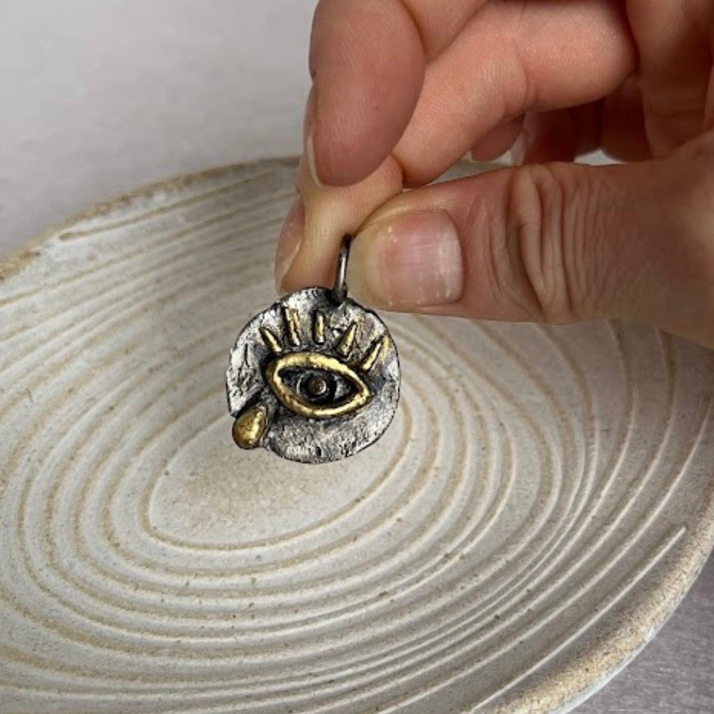 Fine Silver Eye Pendant with Real 24K Gold Accents | Handmade with Blackened Patina, Organic Talisman Necklace