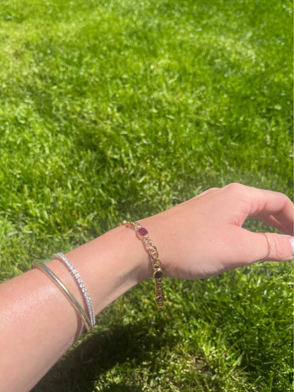 14k Yellow Gold Figaro Bracelet with Bezel Set Gemstones - 7” - 10.91g