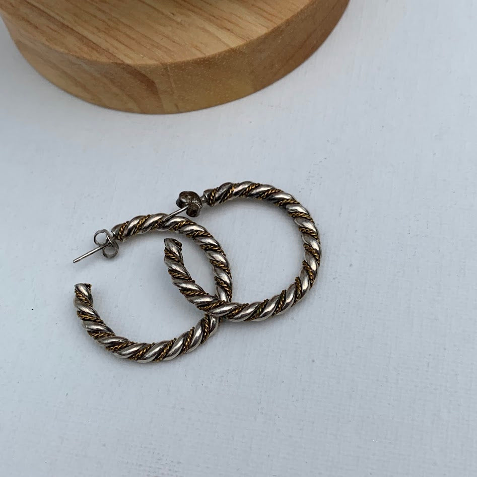 Sterling Silver Two-Tone Twisted Hoop Earrings | Chunky Rope Hoops