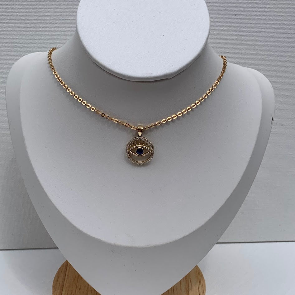 10K Gold Evil Eye Pendant | Blue CZ & CZ Halo | 1.26g