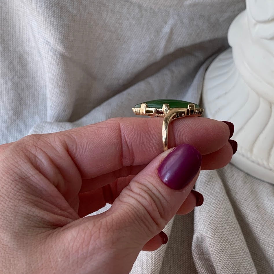 10K Gold Authentic Nephrite Jade Navette Ring | 4.21g | Size 5.25