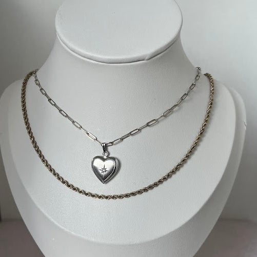 Vintage Sterling Silver Diamond Heart Locket Necklace with Paperclip Chain