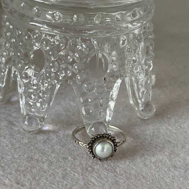 Vintage Style Pearl Sunburst Ring in Sterling Silver - Size 8.25