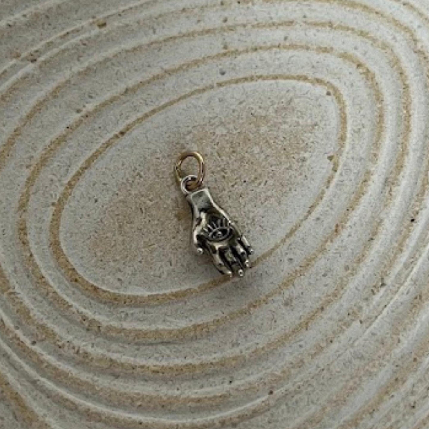 Sterling Silver Hand Pendant with Evil Eye, 14K Gold Bail, Heavy Patina - Studio Made