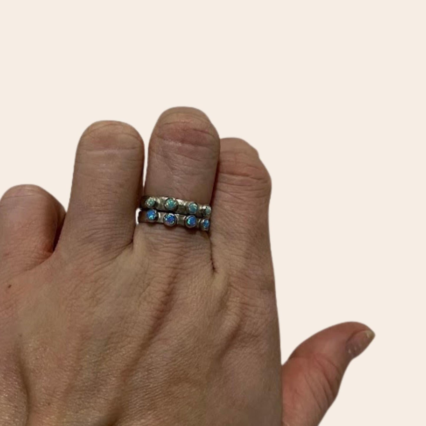 Sterling Silver Lab Opal Stacking Rings Set of 2 | Hammered Bands | Studio Made Sizes 7 & 7.5