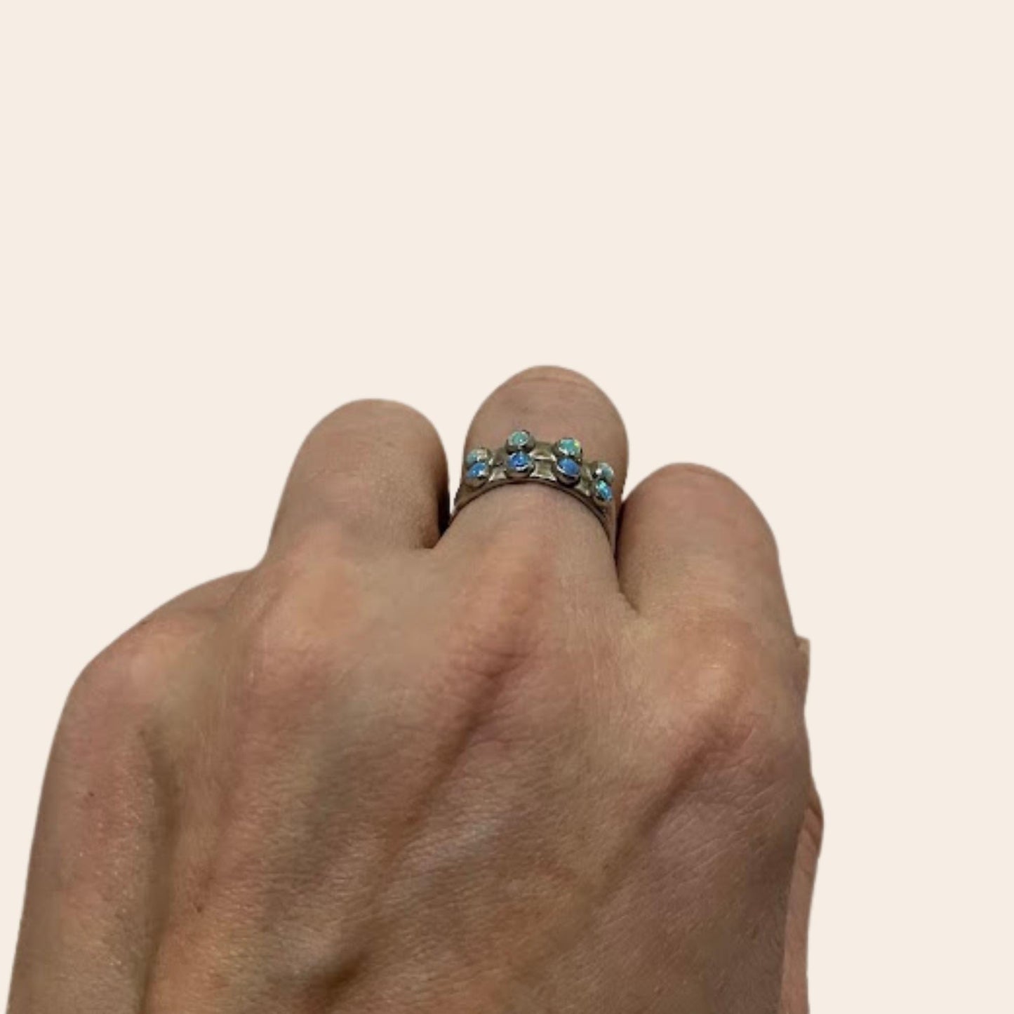 Sterling Silver Lab Opal Stacking Rings Set of 2 | Hammered Bands | Studio Made Sizes 7 & 7.5
