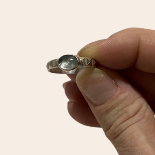 Sterling Silver Aquamarine Cabochon Ring | Bezel Set | Studio Made | Pyramid Band | Size 7