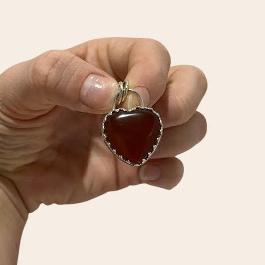 Sterling Silver Carnelian Heart Pendant | Handmade | Warm Red Cabochon