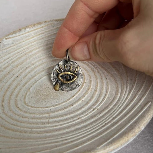 Fine Silver Eye Pendant with Real 24K Gold Accents | Handmade with Blackened Patina, Organic Talisman Necklace