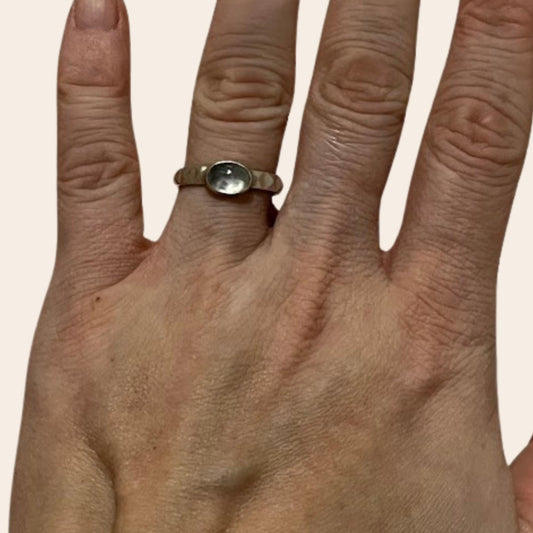 Sterling Silver Aquamarine Cabochon Ring | Bezel Set | Studio Made | Pyramid Band | Size 7