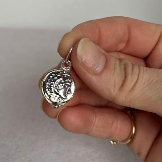 Greek Coin Inspired Medallion Pendant in Sterling Silver with Solid 14K Gold Accents