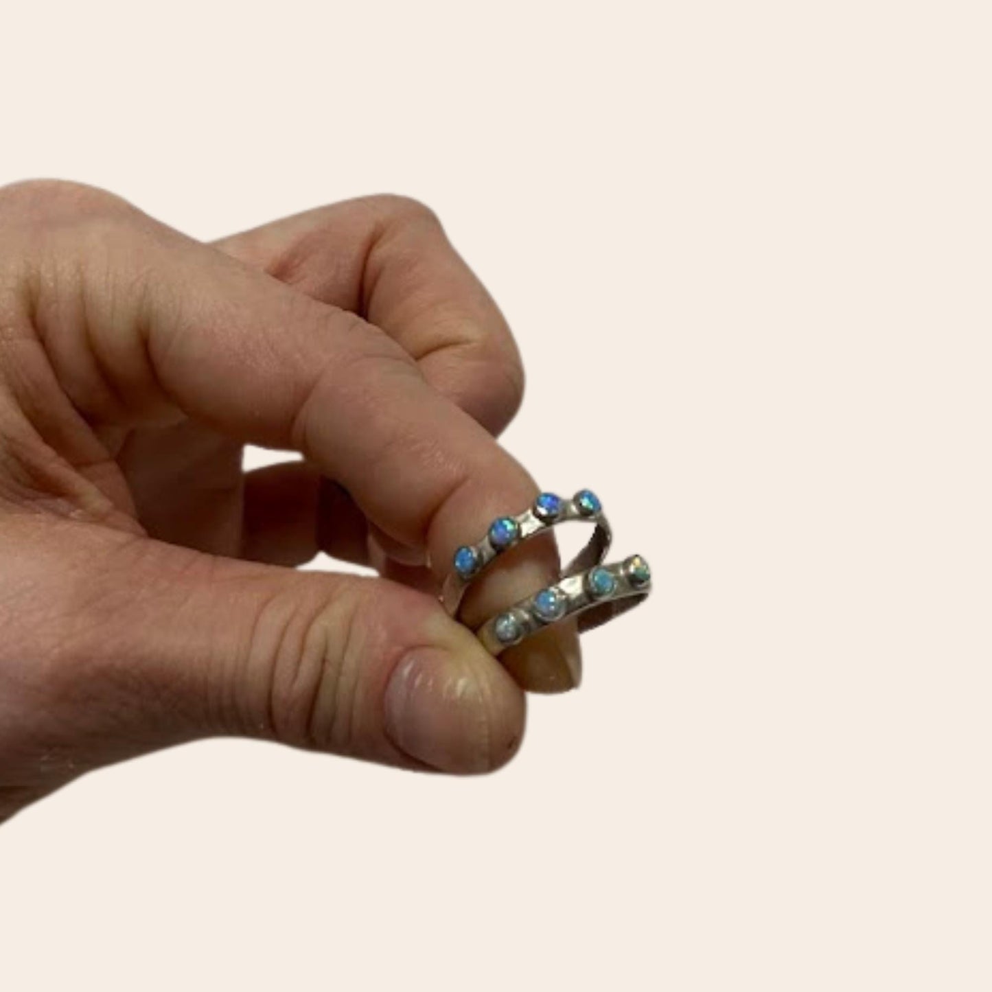Sterling Silver Lab Opal Stacking Rings Set of 2 | Hammered Bands | Studio Made Sizes 7 & 7.5