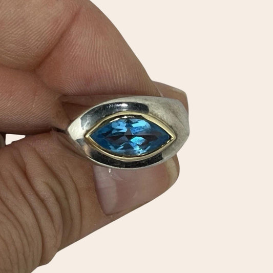 Vintage Blue Topaz Ring 925 Sterling Silver & 14k Gold East West Marquise Size 7