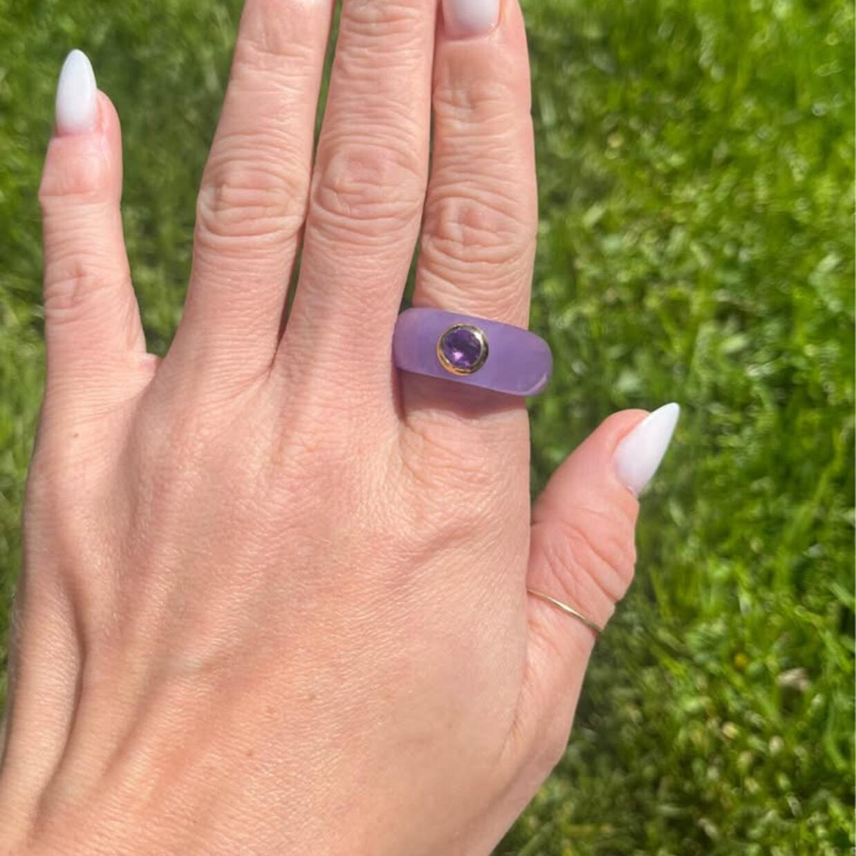 14k Gold, Purple Jade & Amethyst Ring - Size 10