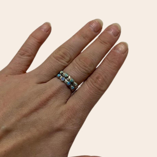 Sterling Silver Lab Opal Stacking Rings Set of 2 | Hammered Bands | Studio Made Sizes 7 & 7.5