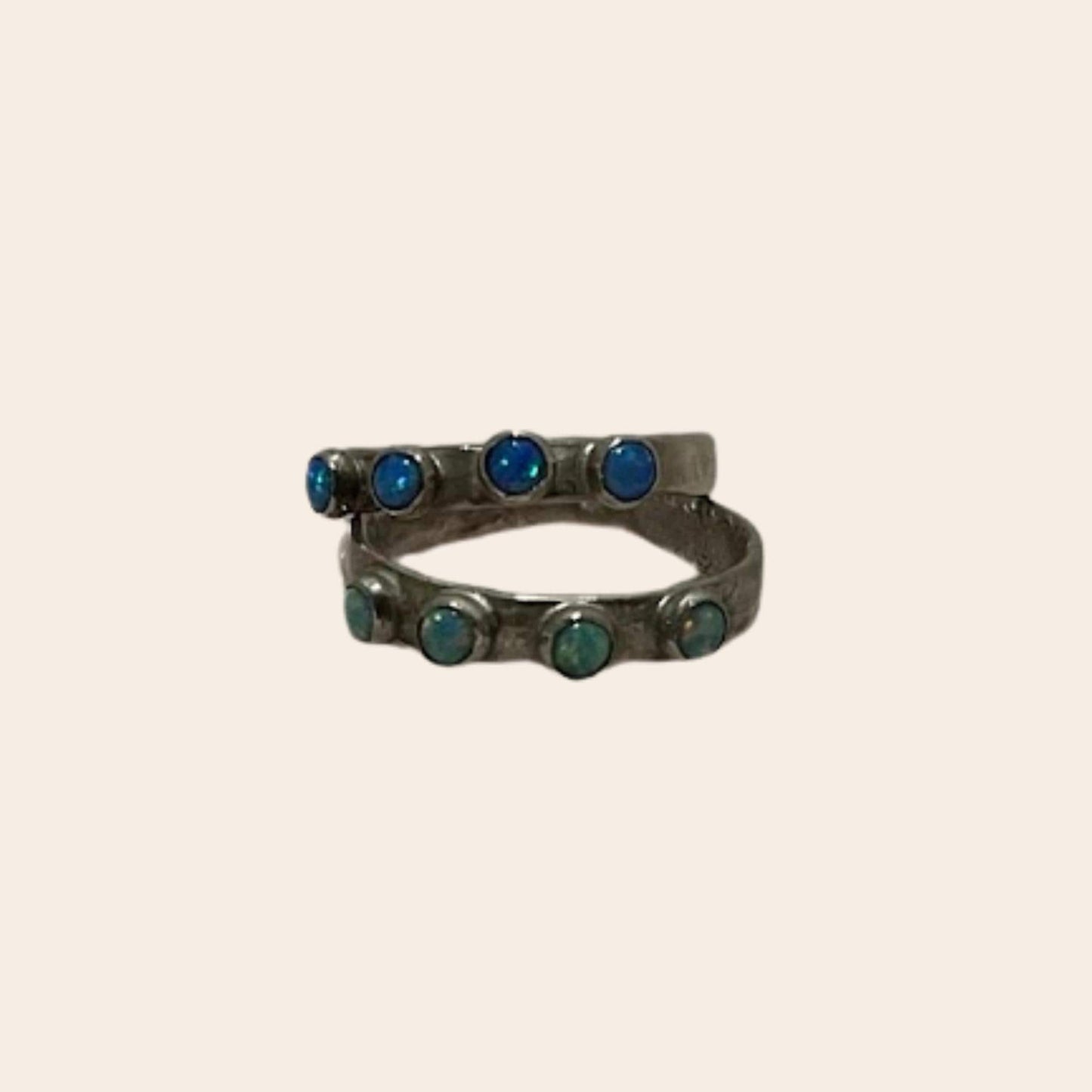 Sterling Silver Lab Opal Stacking Rings Set of 2 | Hammered Bands | Studio Made Sizes 7 & 7.5