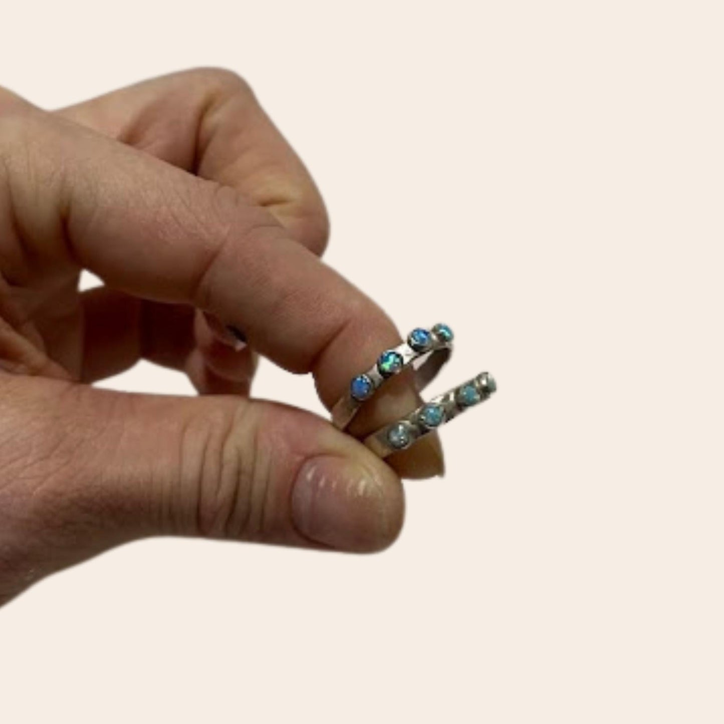 Sterling Silver Lab Opal Stacking Rings Set of 2 | Hammered Bands | Studio Made Sizes 7 & 7.5
