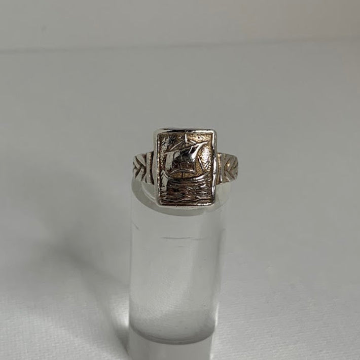 Vintage Sterling Silver Sailing Ship Signet Ring | W.B.S. | Size 6