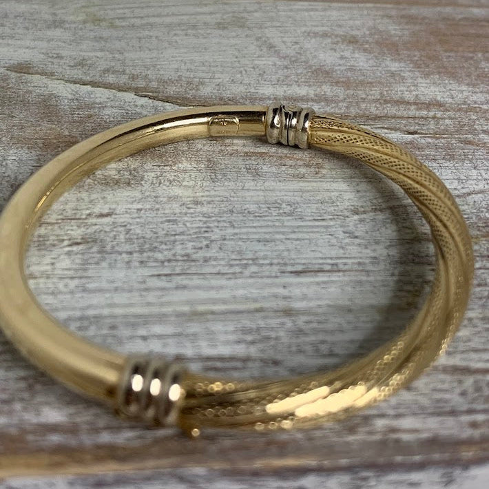 Vintage 10K Gold Textured Bangle Bracelet | 9.9g | Two-Tone Accents