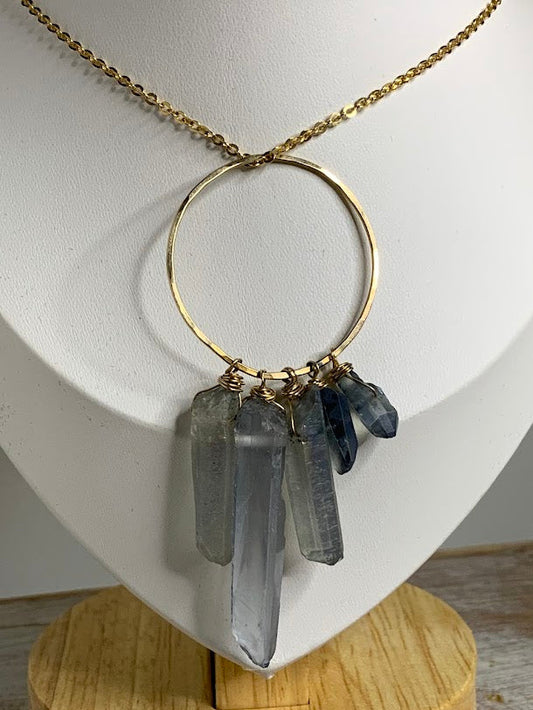 14K Gold Aura Quartz Crystal Pendant | Five Aura Quartz Points