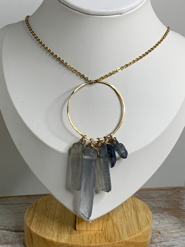 14K Gold Aura Quartz Crystal Pendant | Five Aura Quartz Points