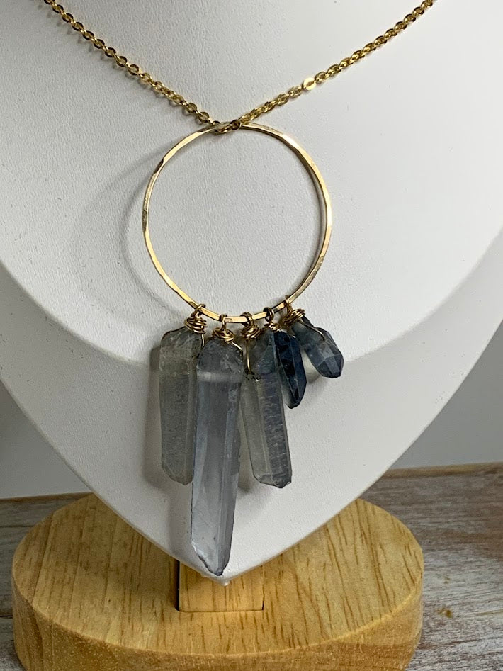 14K Gold Aura Quartz Crystal Pendant | Five Aura Quartz Points