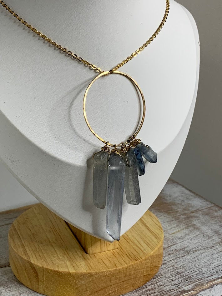 14K Gold Aura Quartz Crystal Pendant | Five Aura Quartz Points