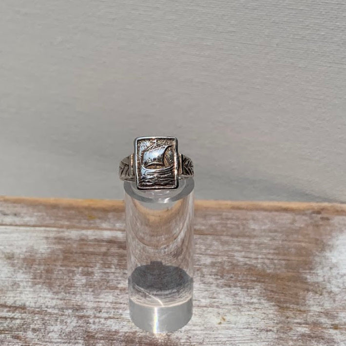 Vintage Sterling Silver Sailing Ship Signet Ring | W.B.S. | Size 6