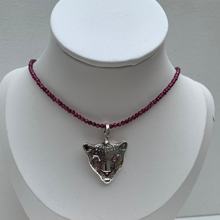 Handmade .999 Fine Silver Jaguar Pendant | Pink CZ Eyes