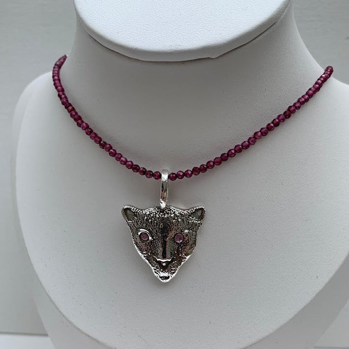 Handmade .999 Fine Silver Jaguar Pendant | Pink CZ Eyes
