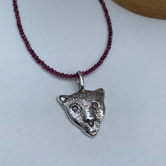 Handmade .999 Fine Silver Jaguar Pendant | Pink CZ Eyes