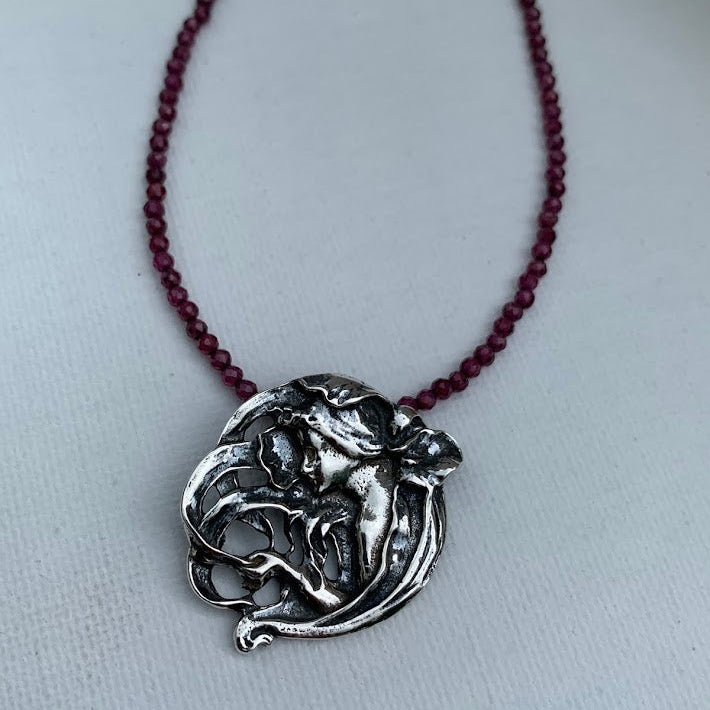 Vintage Sterling Silver Art Nouveau Style Maiden Pendant | Mucha Inspired