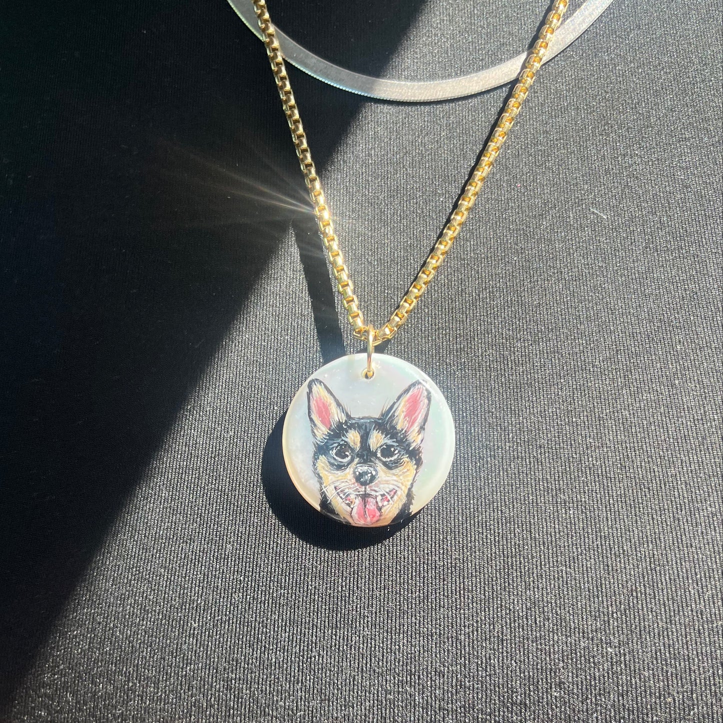 Custom Pet Portrait Pendant - Mother of Pearl & 14k Gold