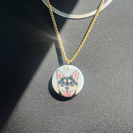 Custom Pet Portrait Pendant - Mother of Pearl & 14k Gold