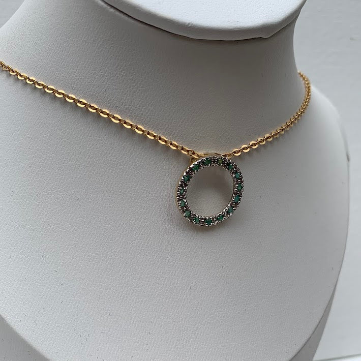 10K Gold Emerald Circle Pendant | Diamond Accent Halo | Eternal Circle
