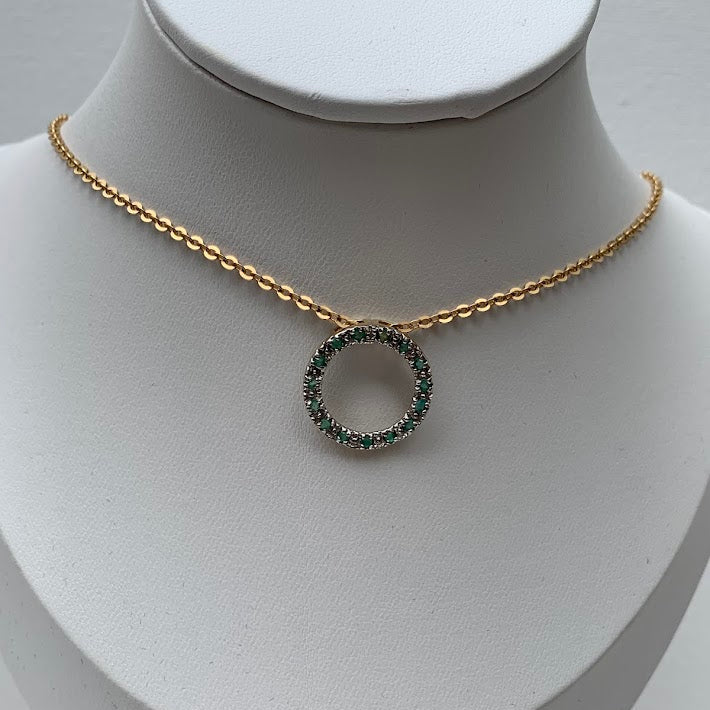 10K Gold Emerald Circle Pendant | Diamond Accent Halo | Eternal Circle