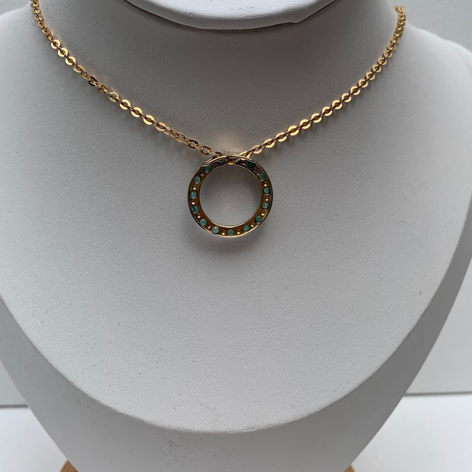 10K Gold Emerald Circle Pendant | Diamond Accent Halo | Eternal Circle