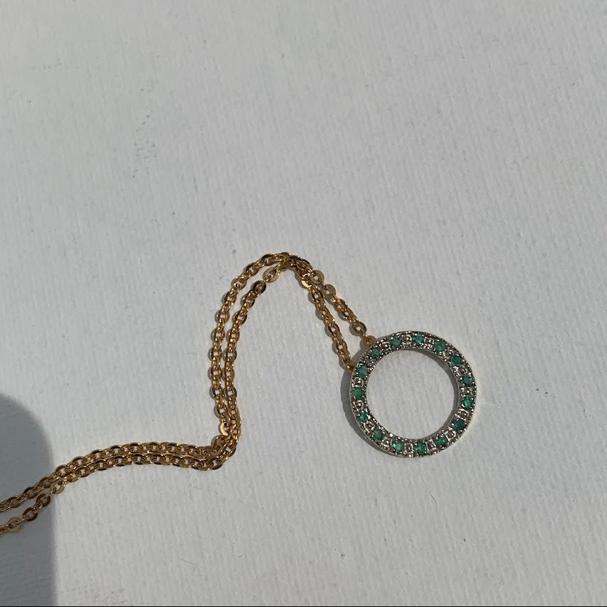 10K Gold Emerald Circle Pendant | Diamond Accent Halo | Eternal Circle