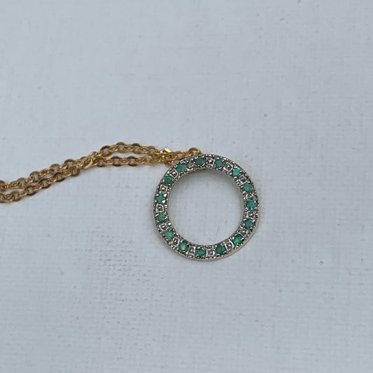 10K Gold Emerald Circle Pendant | Diamond Accent Halo | Eternal Circle