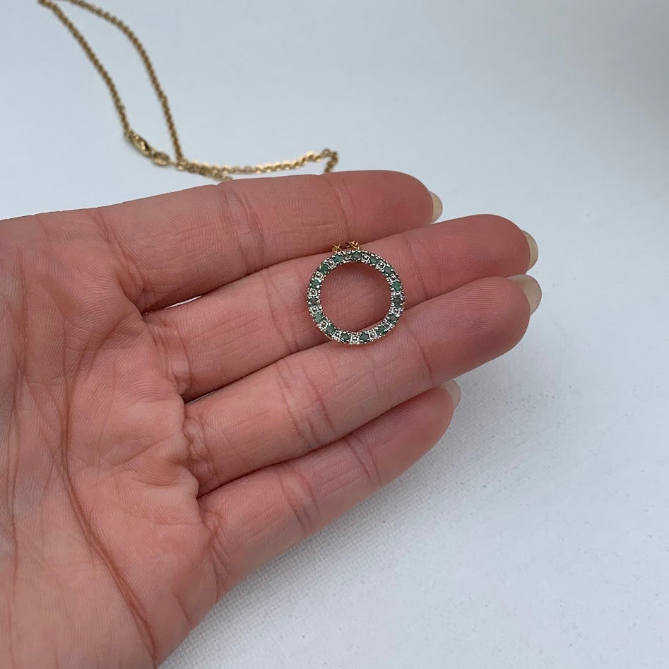 10K Gold Emerald Circle Pendant | Diamond Accent Halo | Eternal Circle