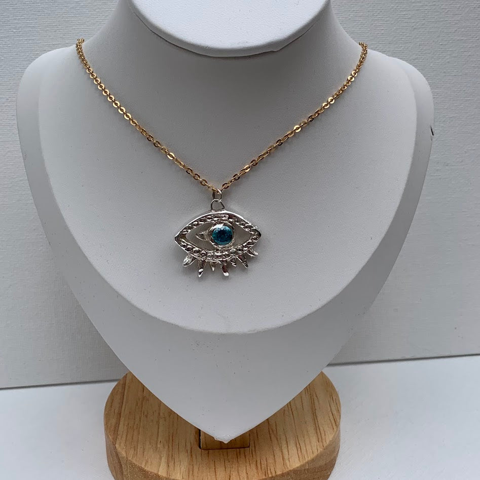 Handmade .999 Fine Silver Evil Eye Pendant | Blue CZ | Protective Symbol