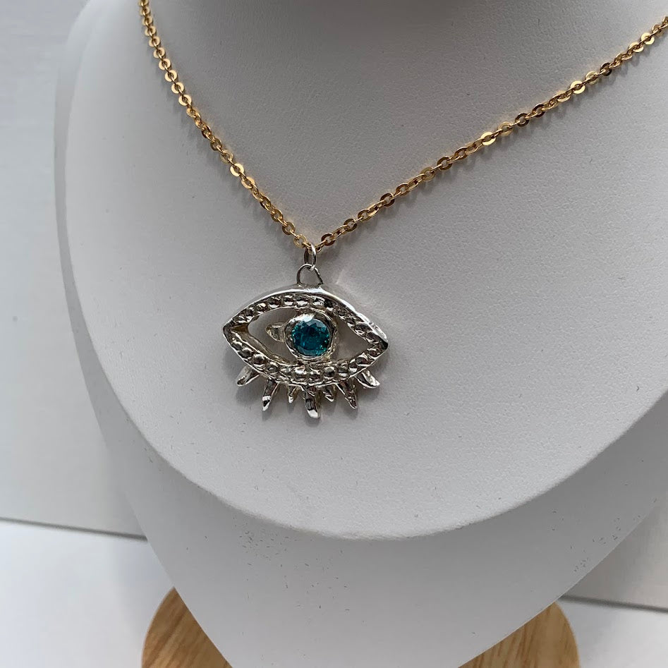 Handmade .999 Fine Silver Evil Eye Pendant | Blue CZ | Protective Symbol
