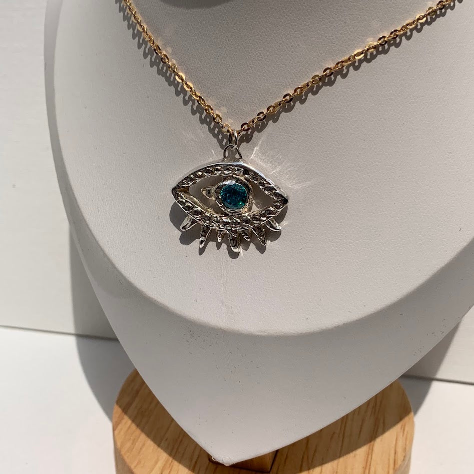 Handmade .999 Fine Silver Evil Eye Pendant | Blue CZ | Protective Symbol