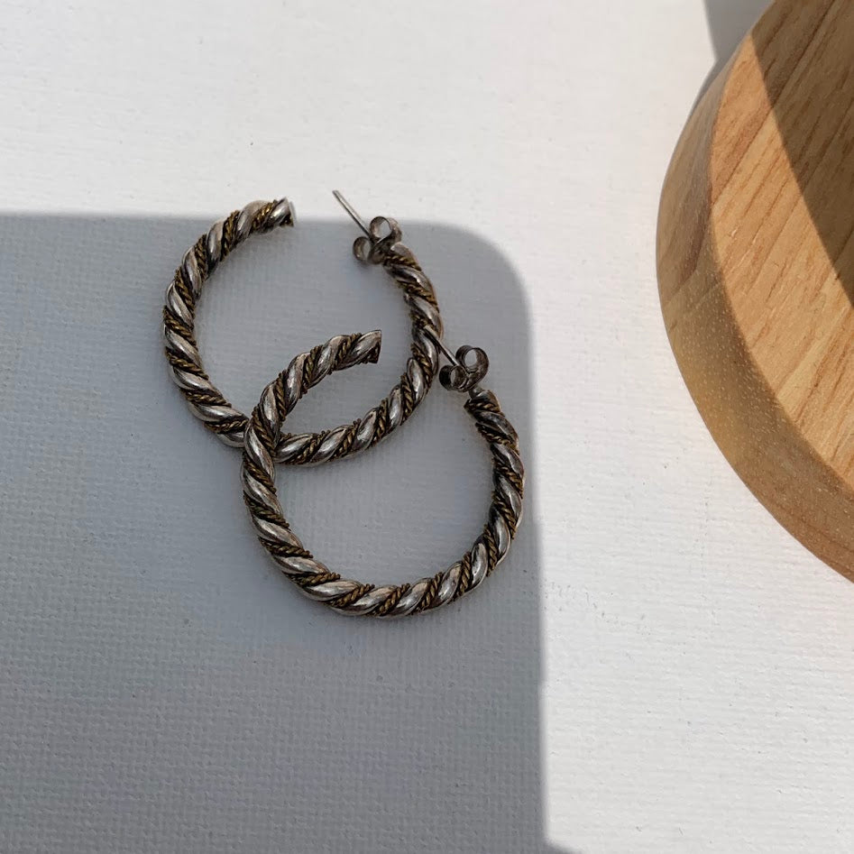 Sterling Silver Two-Tone Twisted Hoop Earrings | Chunky Rope Hoops