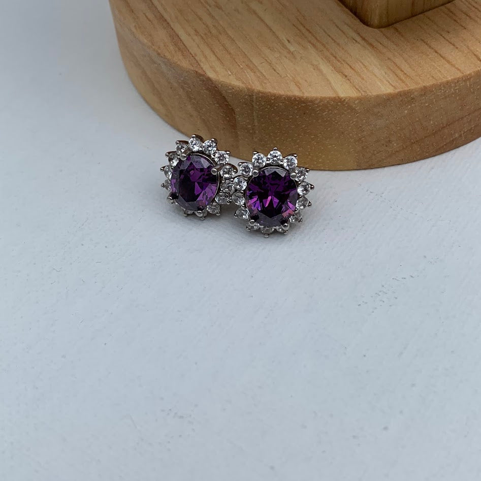 Vintage Sterling Silver Purple Gemstone Halo Stud Earrings