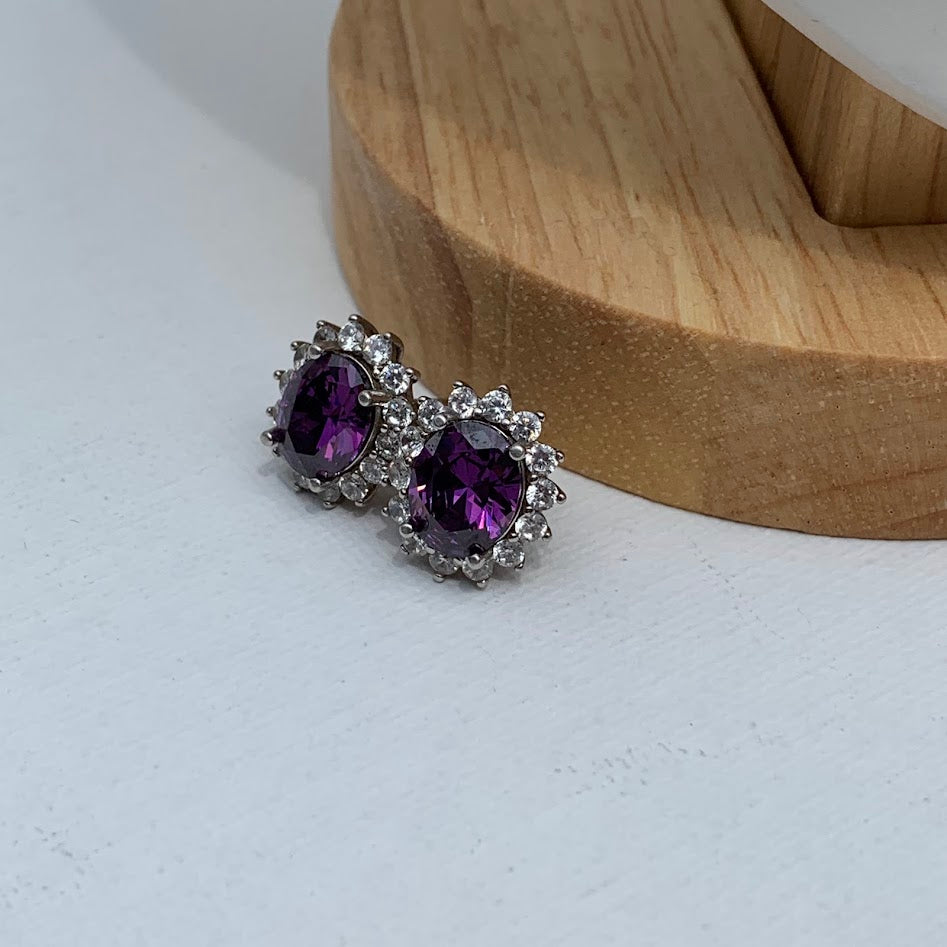 Vintage Sterling Silver Purple Gemstone Halo Stud Earrings