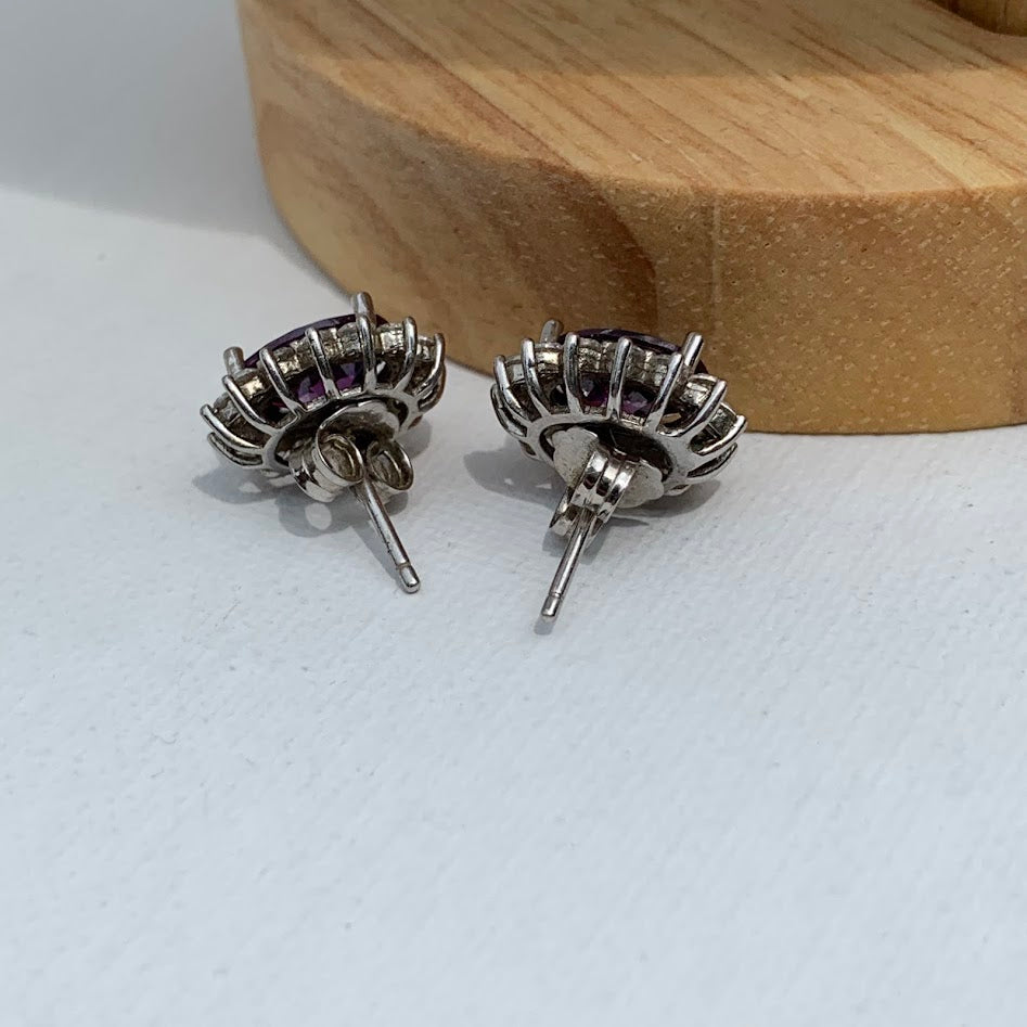 Vintage Sterling Silver Purple Gemstone Halo Stud Earrings