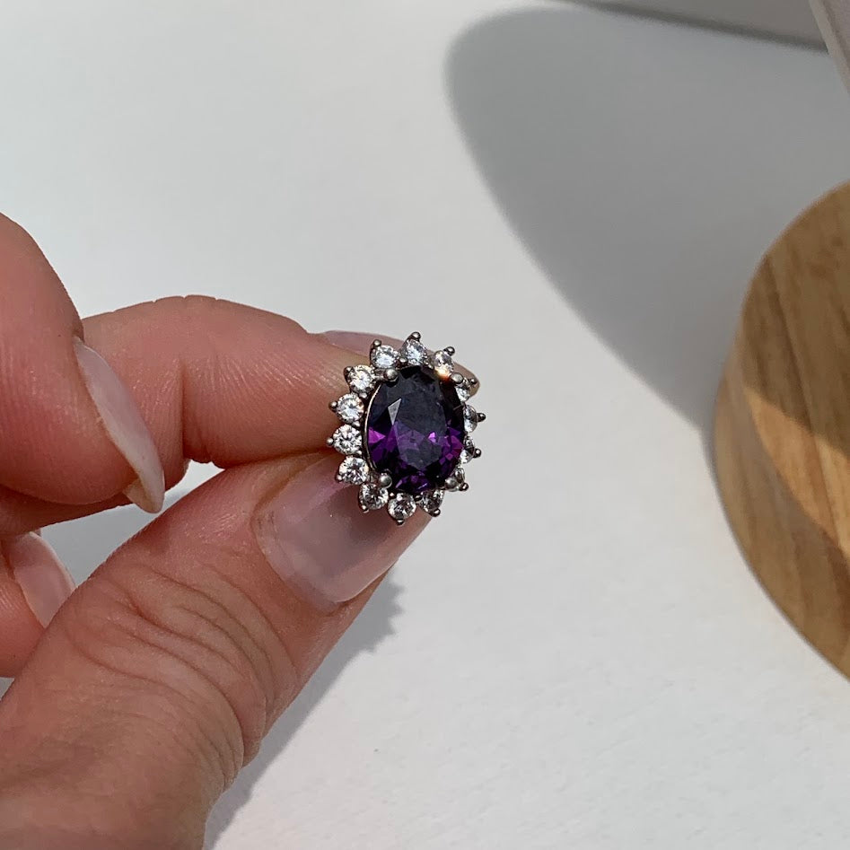 Vintage Sterling Silver Purple Gemstone Halo Stud Earrings