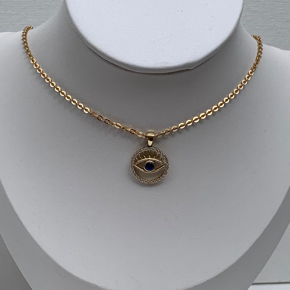 10K Gold Evil Eye Pendant | Blue CZ & CZ Halo | 1.26g