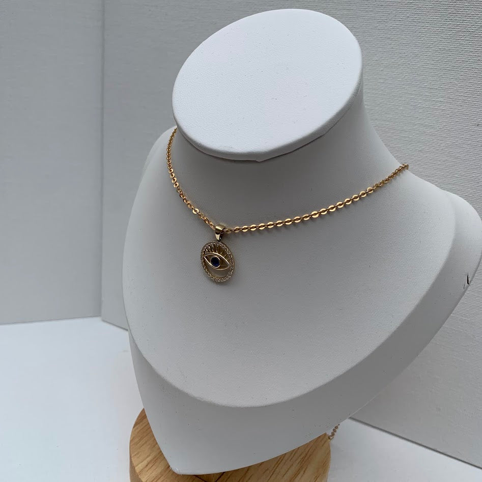 10K Gold Evil Eye Pendant | Blue CZ & CZ Halo | 1.26g